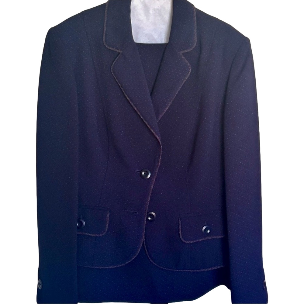 Navy + Pink Dot Blazer + Skirt Suit Set Career Easter 2 Button Blazer Size 6 Euc
